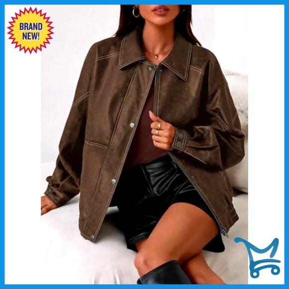 Faux Leather Jacket Oversized Moto Biker Retro Chic Winter Coat Women - Picture 6 of 7